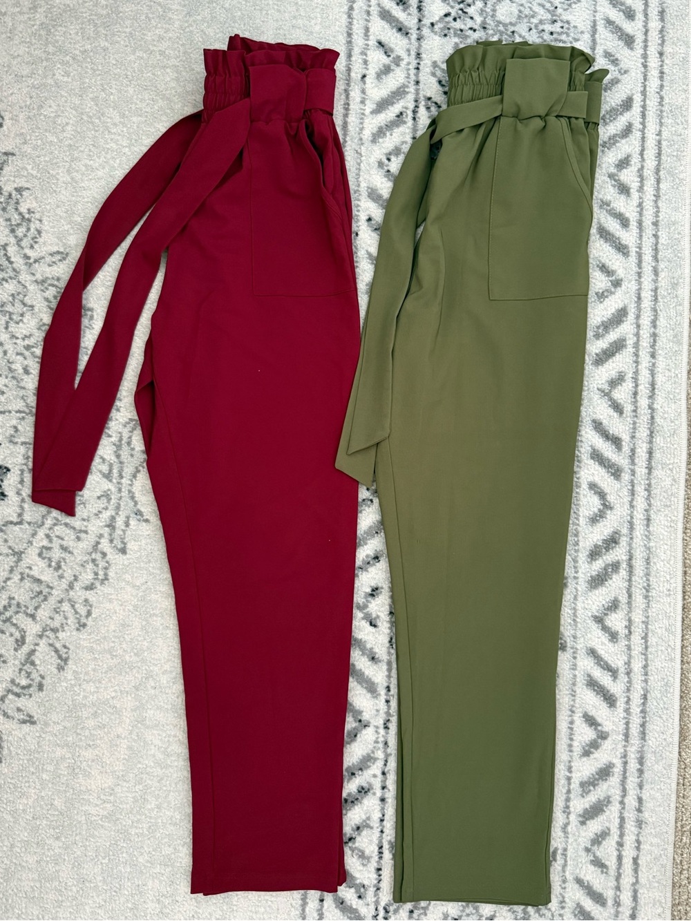 High-Waist Tie-Belt Paperbag Pants - Wine & Army Green